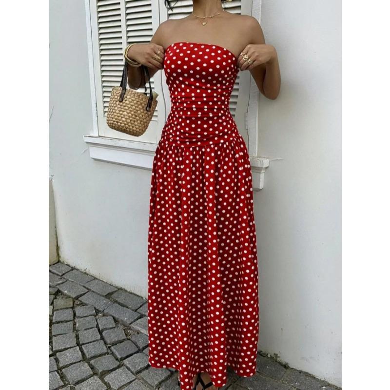 2026 Summer Off Shoulder Polka Dot Dress New Sexy Elegant Strapless Waist-cinching Slim Fit A-line Party Evening Dress Sweet Pleat Fashion Clothing