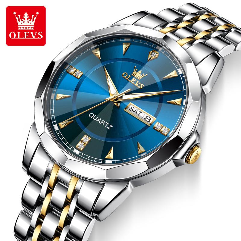 OLEVS Fashion Classic Dual Calendar Quartz Watch For Men Rhombus Mirror Luxury Wristwatch Waterproof Original Man Watches
