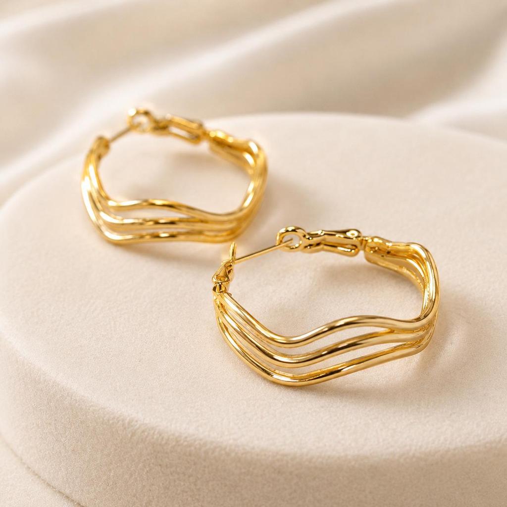 Personalized Luxury Ripple Gold Hoops: Three-Layer Stainless Steel Earrings