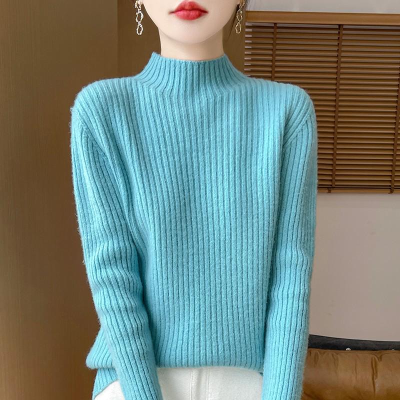 Women's Cashmere Striped Slimming Knit Sweater - Half-High Neck Autumn/Winter Base Layer
