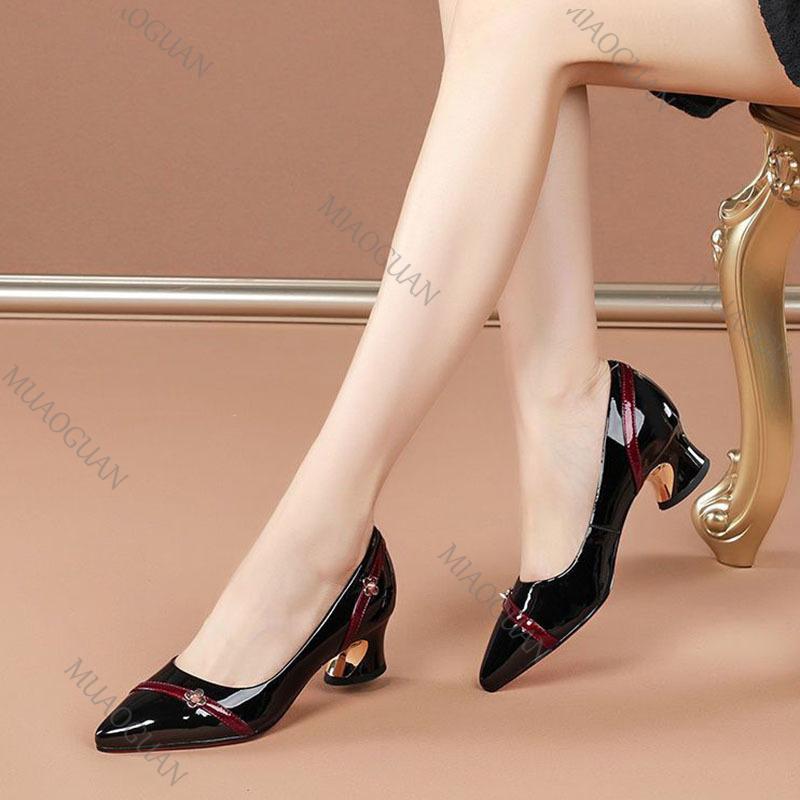 Fashion Women Pumps Spring Autumn Soft Leather Thick Middle Heel Shoes for Women Professional Shallow Mouth Pointed Toe Women's Shoes