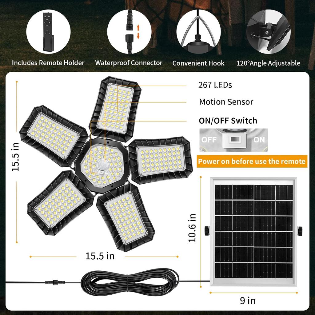 Solar Shed Light 267LED Motion Sensor Pendant, Indoor Outdoor, 2 Modes + Timer Remote
