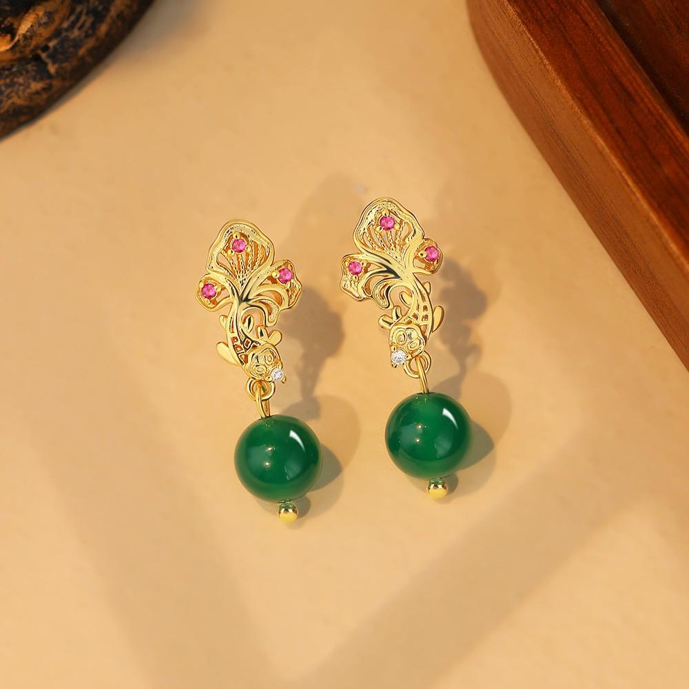 Eco-friendly Sand Gold & Green Chalcedony Vintage Earrings - Yearly Abundance Style in 925 Silver Needle & Copper
