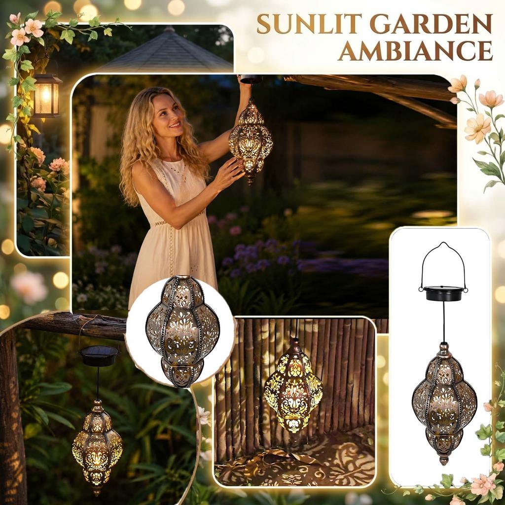 Solar Powered Outdoor Hanging Lantern Garden Patio Decorative Light Waterproof Metal Frame Ambient Lighting for Yard Pathway and Balcony