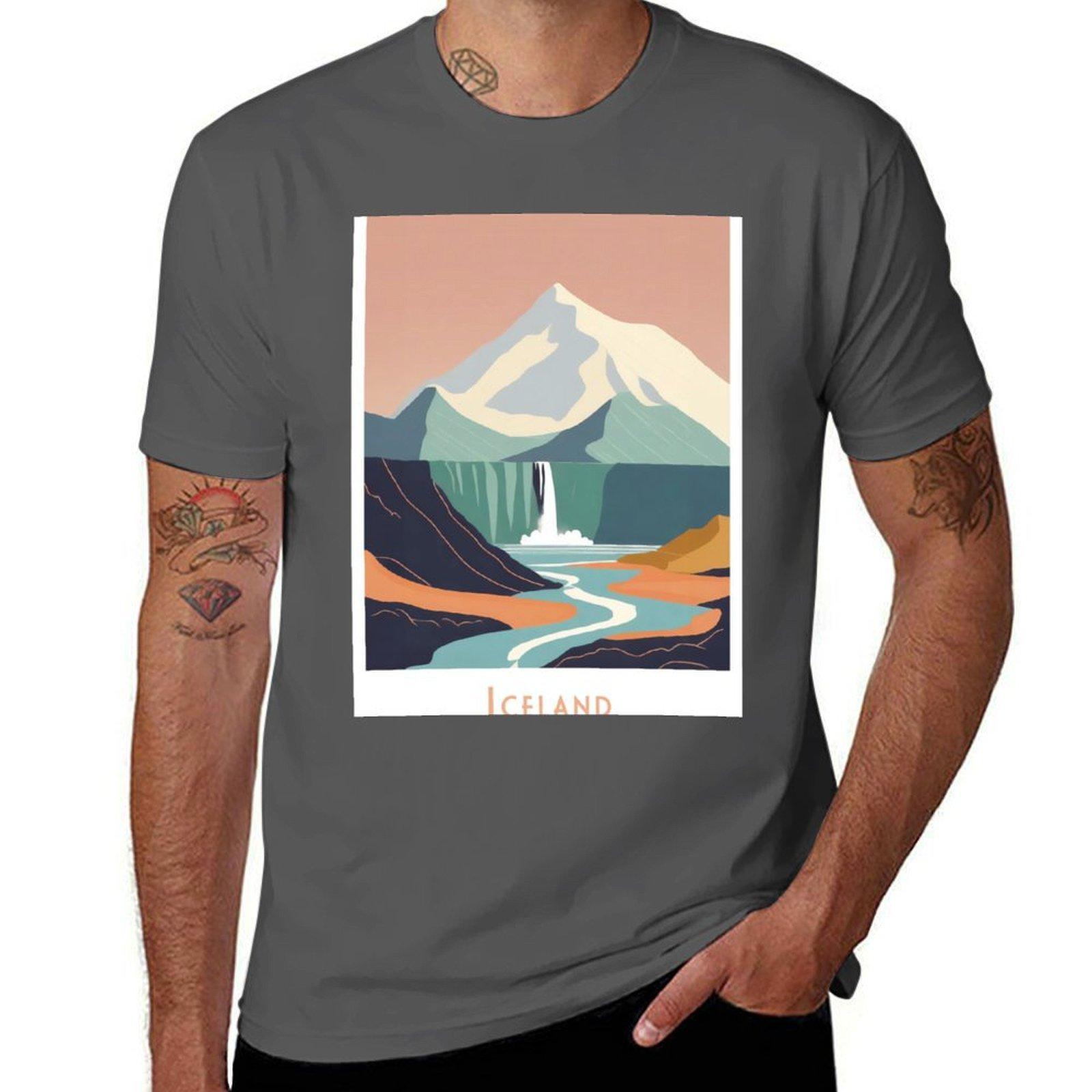 

Vintage Minimal Retro Travel Poster Waterfall in Iceland T-Shirt cotton t shirts high quality T-Shirt 4XL