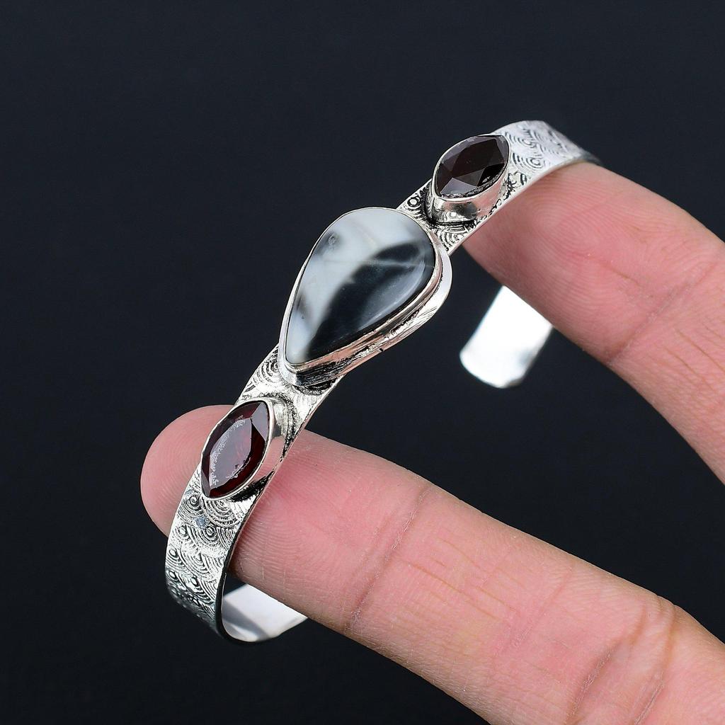 Mothers day Deal Natural Fume Agate Garnet 925 Sterling Silver Bangle Jewelry