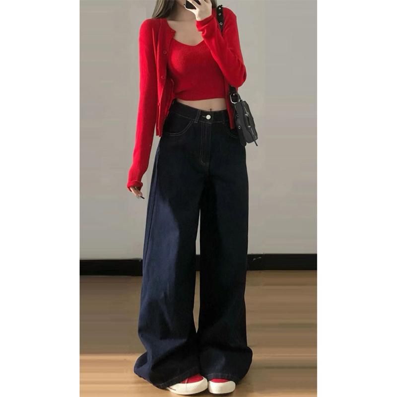 Small Heattech Fleece Padded Jeans Female Vibe American Denim Dark Blue Wide-Leg Pants Autumn and Winter Straight-Leg Pants