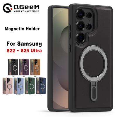 Magnetyczny Metalowy Uchwyt Samochodowy Pierścień Magsafe Luksusowe Matowe Skórzane Etui na Telefon Dla Samsung S22 S23 S24 S25 ultra S24 plus S25 FE Tylna Klapka