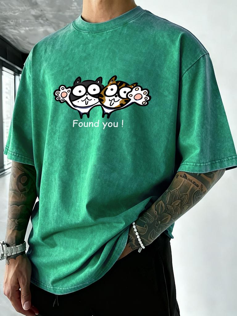 Found You Cartoon Cats Print Men Washed T Shirts Casual Hip Hop Sportswear Man Running Short Sleeves Multicolor Cotton TShirt