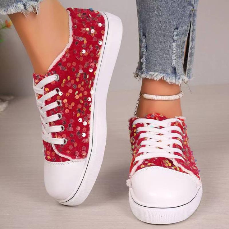 Plus Size Women's Shoes 2025 Fall New Arrival Fashion Round Toe Flat Lace-Up Sequined Casual Flats