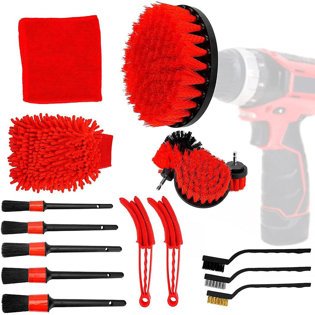 16Pcs Car Detailing Electric Drill Brush Wheels Engine Internal Long Handle Car Electric Dril Brush Tire Wheel Rim Cleaning