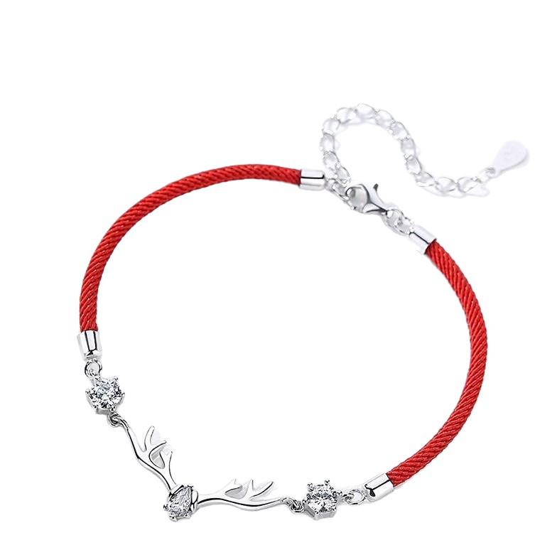 Korean Style Diamond Deer Bracelet – Unisex Black & Red Woven Rope for Couples