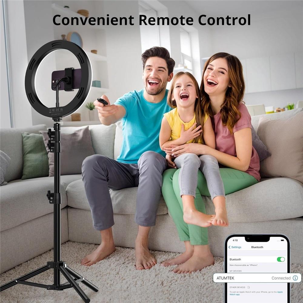 10-inch ring light with tripod, dimmable LED selfie light, comes with phone holder and Bluetooth remote, 3 color temperatures and 10 brightness levels