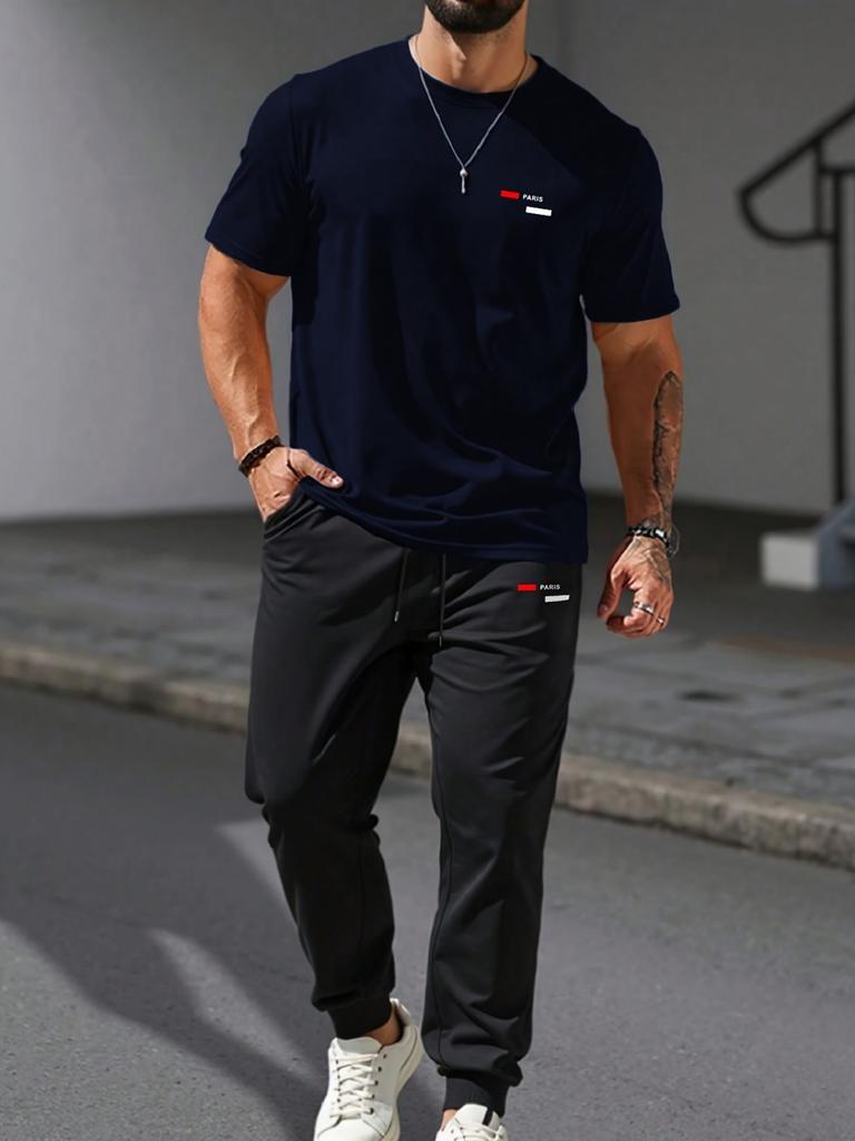 Hot selling summer fashion men's striped letter print micro elastic breathable round neck T-shirt pants set outdoor casual sport