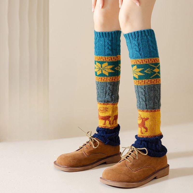 Wool Leg Warmer Socks Twisted Pattern Autumn Winter Deer Snowflake Slouchy Calf Knitted Warm Knee Protector Over-the-knee Socks
