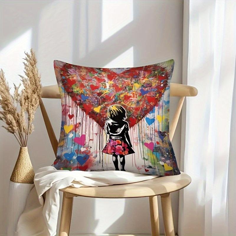 

Home Decor Girl, Heart & Colorful Butterflies Pillow Covers Pattern Cushion Cover Suitable For Sofa Bedroom Car Pillow Cover 16x16Inch