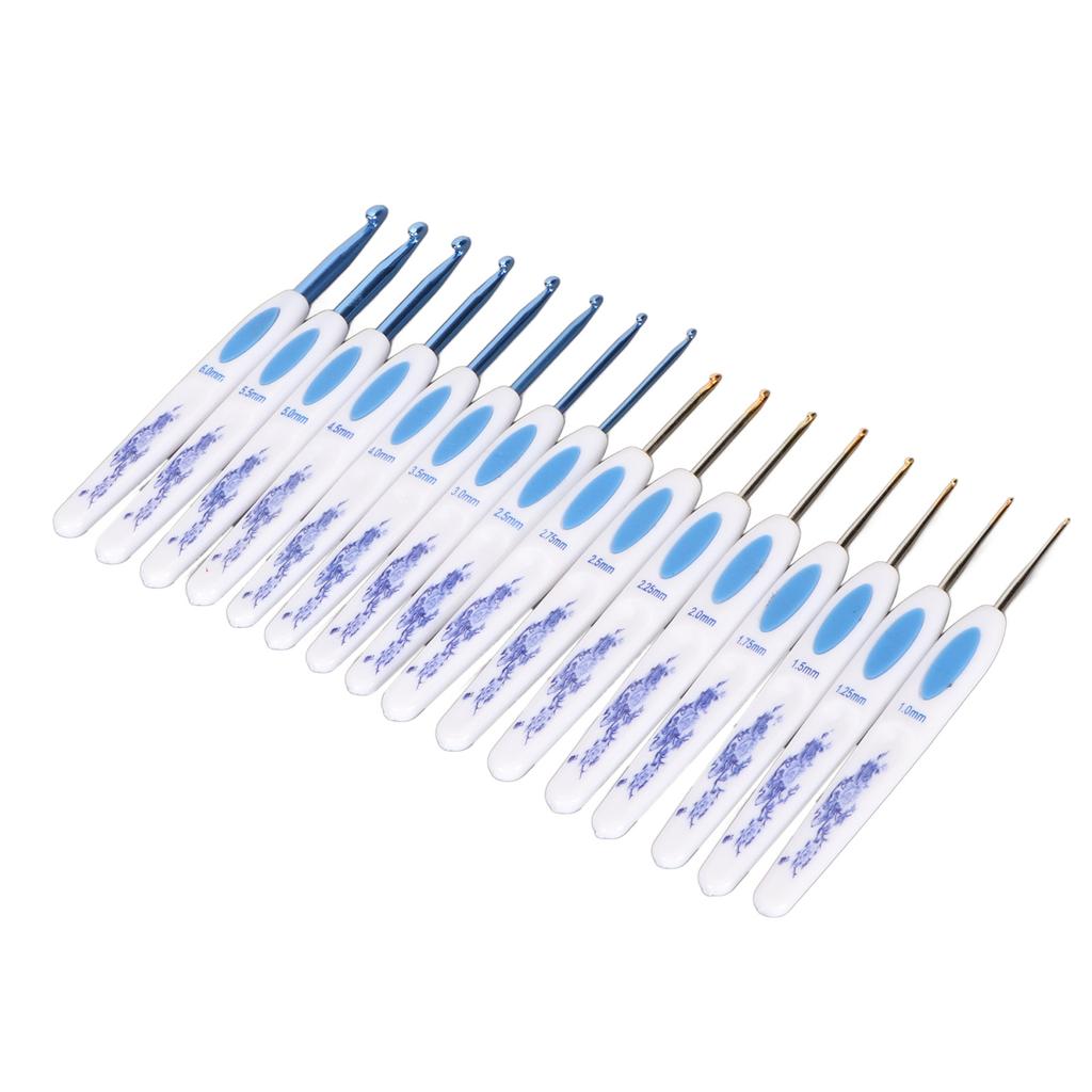 16pcs Crochet Hooks Set Blue White Porcelain Ergonomic Handle Crochet Needles with Case DIY Hand