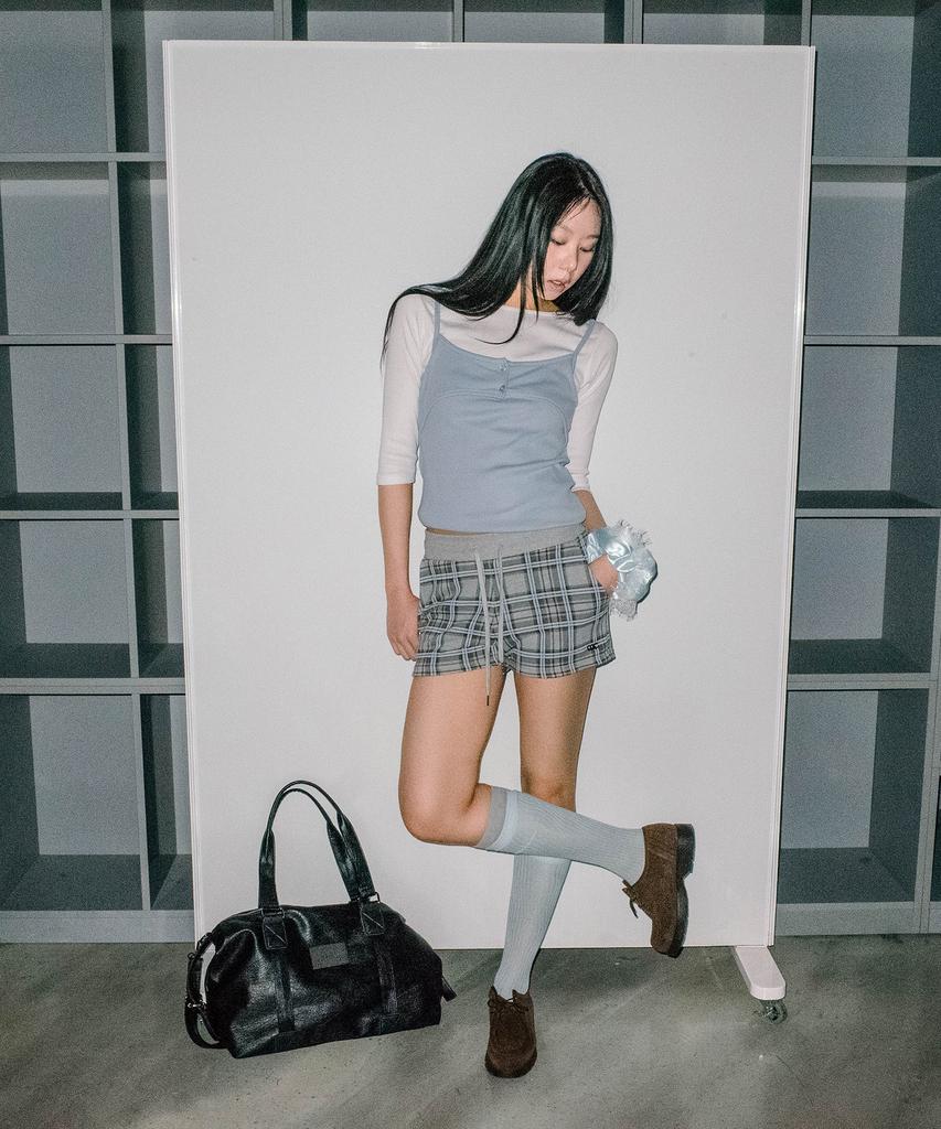 CHICKS Tartan Check Elastic Waist Sweat Shorts Melange