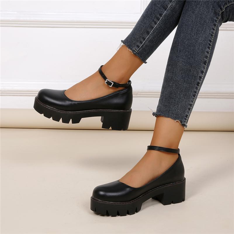 

Женские туфли-лодочки из искусственной кожи с круглым носком на толстом высоком каблуке и платформе с пряжкой, перчатки, женская модная обувь, весенне-осенняя черная обувь