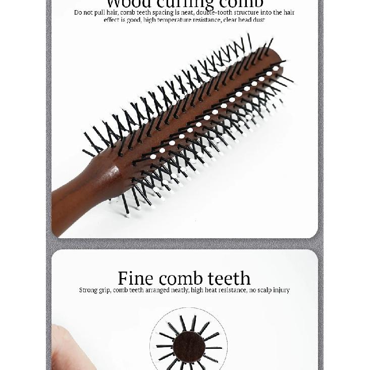 Natural Wood Handle Round Barrel Hair Comb Anti Static Brush Hair Round Comb Styling Tools For Thin Or Short Hair Men Women Use