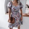 Summer Floral Chic Square Neck Waist Ruffle Balloon Sleeves Dress