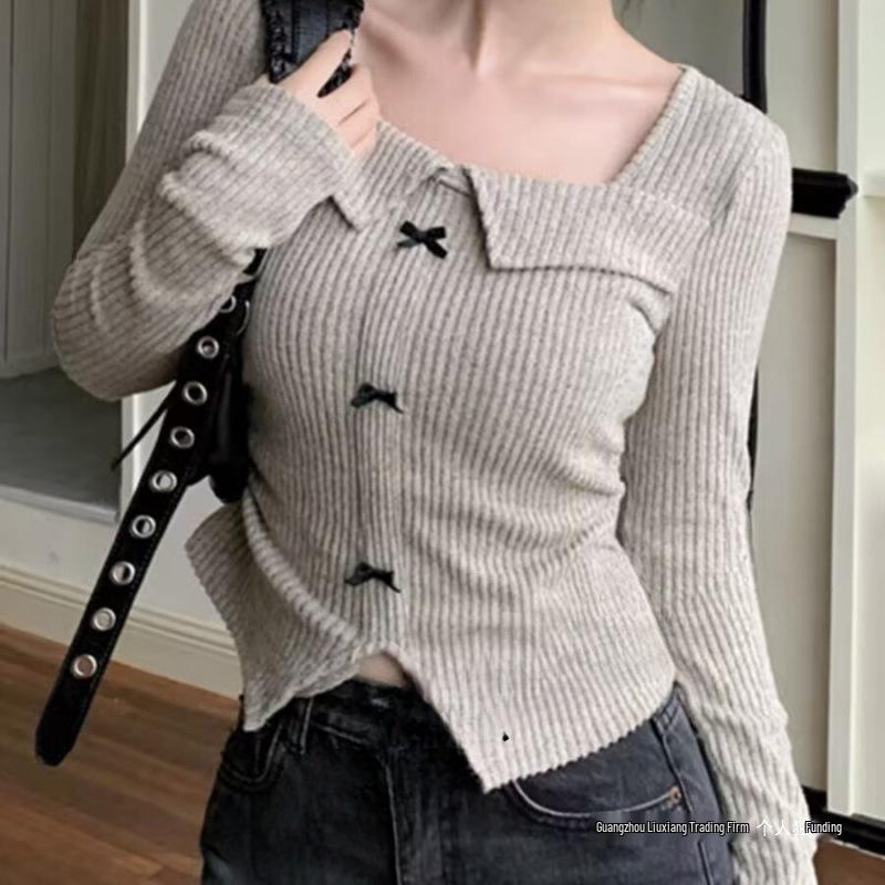 Korean Chic Long-Sleeved Knit Top for Women - Slimming Cropped Autumn/Winter Style