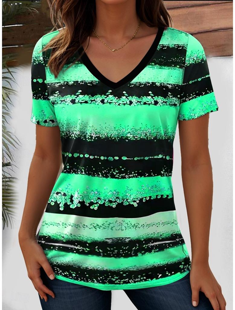 Kadın Tişört Okyanus Çizgili Grafik Moda Kısa Kollu V Yaka Normal Üstler Günlük Baskılı Tişört Yaz Bahar günlük Üstler