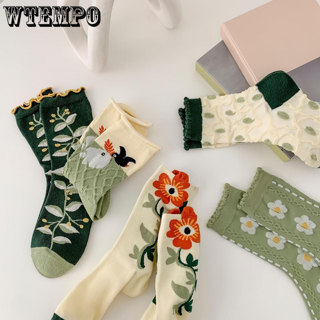 5pcs Women's Mid-Calf Socks, Vintage Floral Print, Breathable Casual Style, Polyester and Spandex Blend, Everyday Fashion Accessory