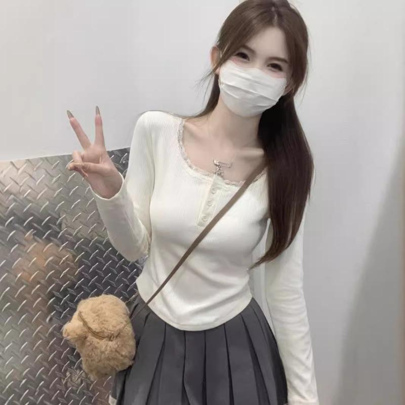 Spring Square Collar Pure Lace Splicing Long-sleeved Bottoming Shirt Women's Slim Front Shoulder Inner Shirt Top