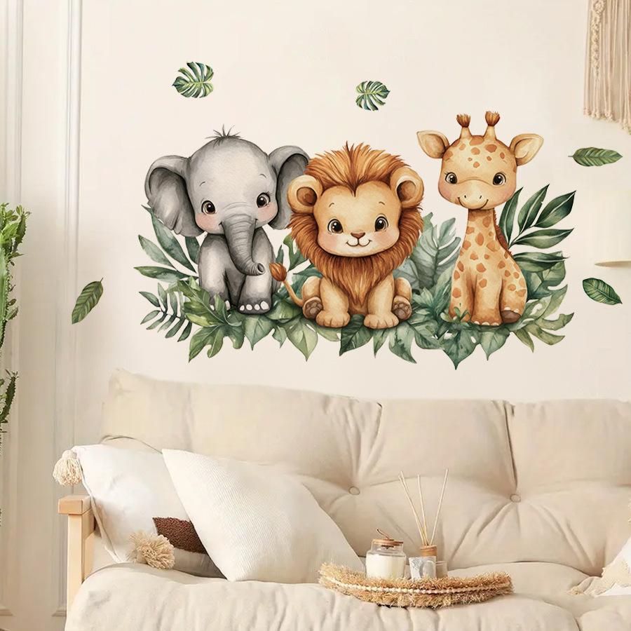 Jungle Animal Cartoon Wall Stickers, Elephant Lion Giraffe Self-Adhesive Decor for Bedroom Living Room Home Decoration