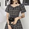 Kleider Frauen Kurzarm Schwarz Plaid Knielangen Hohe Taille A-linie Quadrat Kragen Mädchen Süße Harajuku Streetwear Sommer