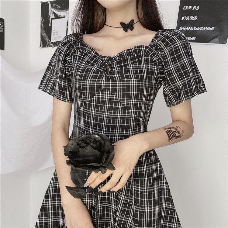 Kleider Frauen Kurzarm Schwarz Plaid Knielangen Hohe Taille A-linie Quadrat Kragen Mädchen Süße Harajuku Streetwear Sommer