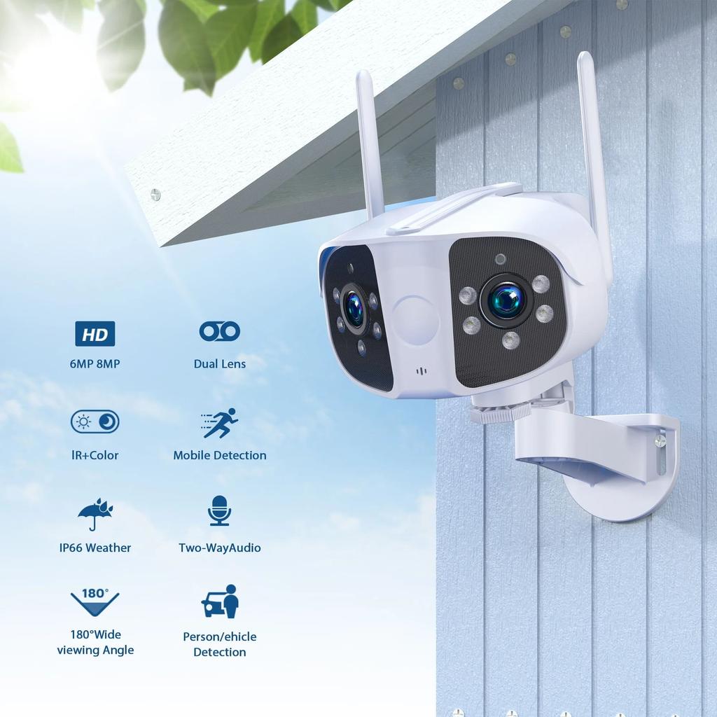 8MP 4K Dual Lens Ultra Wide Angle 180° Wifi IP Camera Outdoor 4MP Full Color Night Vision Ai Human Detect Security Surveillance