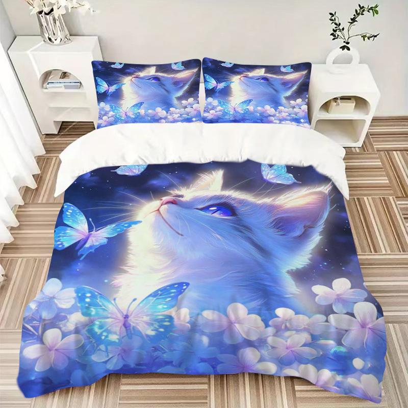 3pcs Anime Cat Butterfly Floral Bedding Set - Includes One Quilt Cover and Two Pillowcases (No Core) - Home Decor, Festival Gift, Polyester