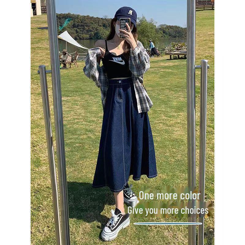 Plus Size Women's High-Waist A-Line Denim Skirt - Long, Slim, Fishtail Design for Summer and Autumn