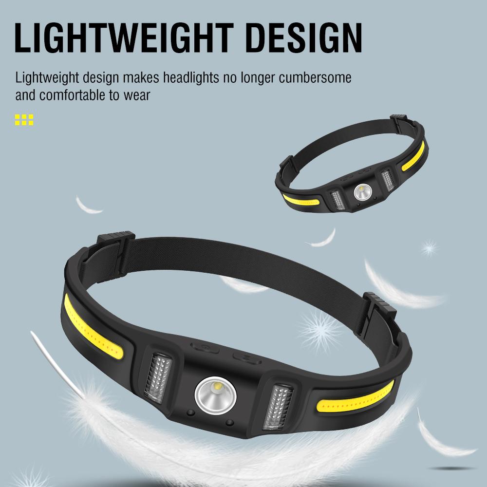 Powerful COB LED Headlamp Induction Headlight Silicone USB-C Rechargeable Head Torch Camping Fishing Lantern