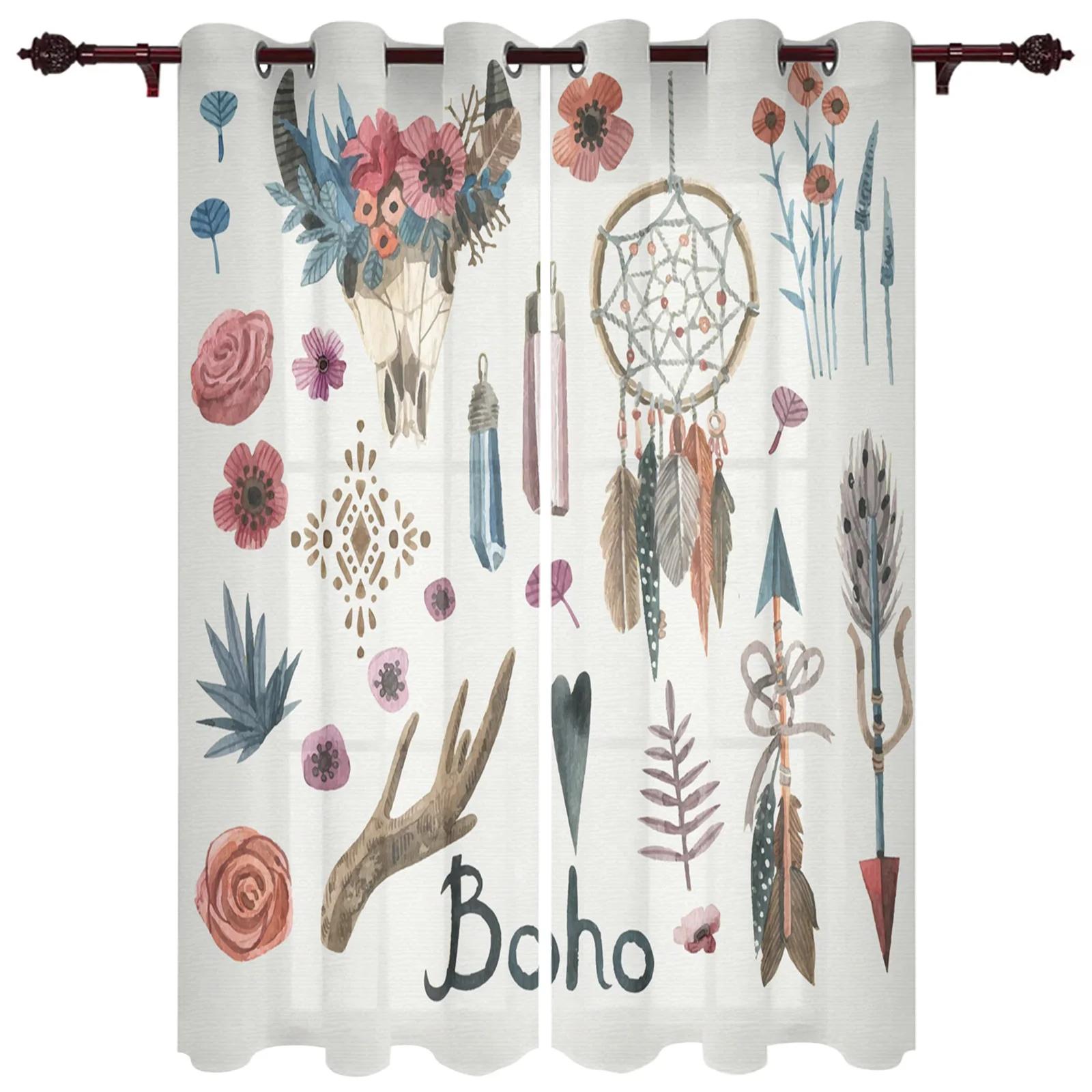 Boho Traumfänger Aquarell Feder Muster Moderne Fenstervorhänge für Wohnzimmer Schlafzimmer Vorhang Jalousien Drapierungen Türvorhänge 100W130H(CM)40x51in&Grommet Top