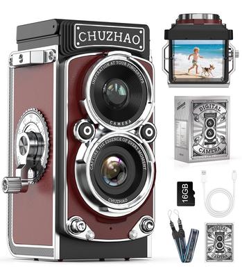 TURNRISE Mini Retro Camera 1080P Digital Toy Camera 1.54-inch Screen 12MP Autofocus Twin-Lens 16GB SD Card Type-C Charging Red Suitable for Beginners