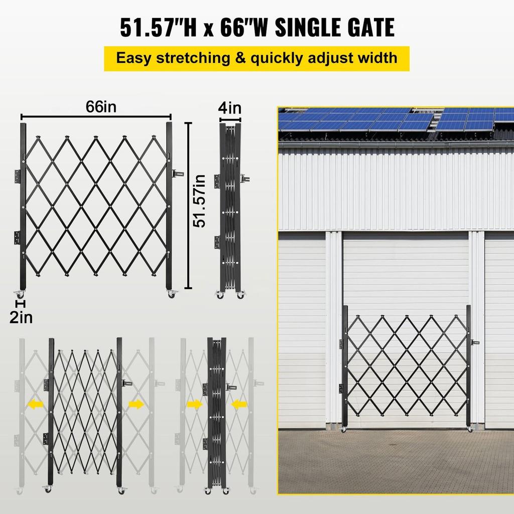 Single Folding Security Gate, 48" H X 66" W Folding Door Gate, Steel Accordion Security Gate, Flexible Expanding Security Gate, 360° Rolling Barricade