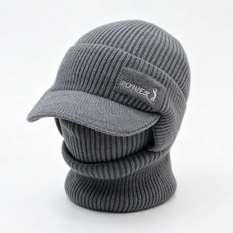 Winter men's integrated knitted hat with brim scarf face protection pullover hat outdoor cycling warm middle-aged and elderly wool hat