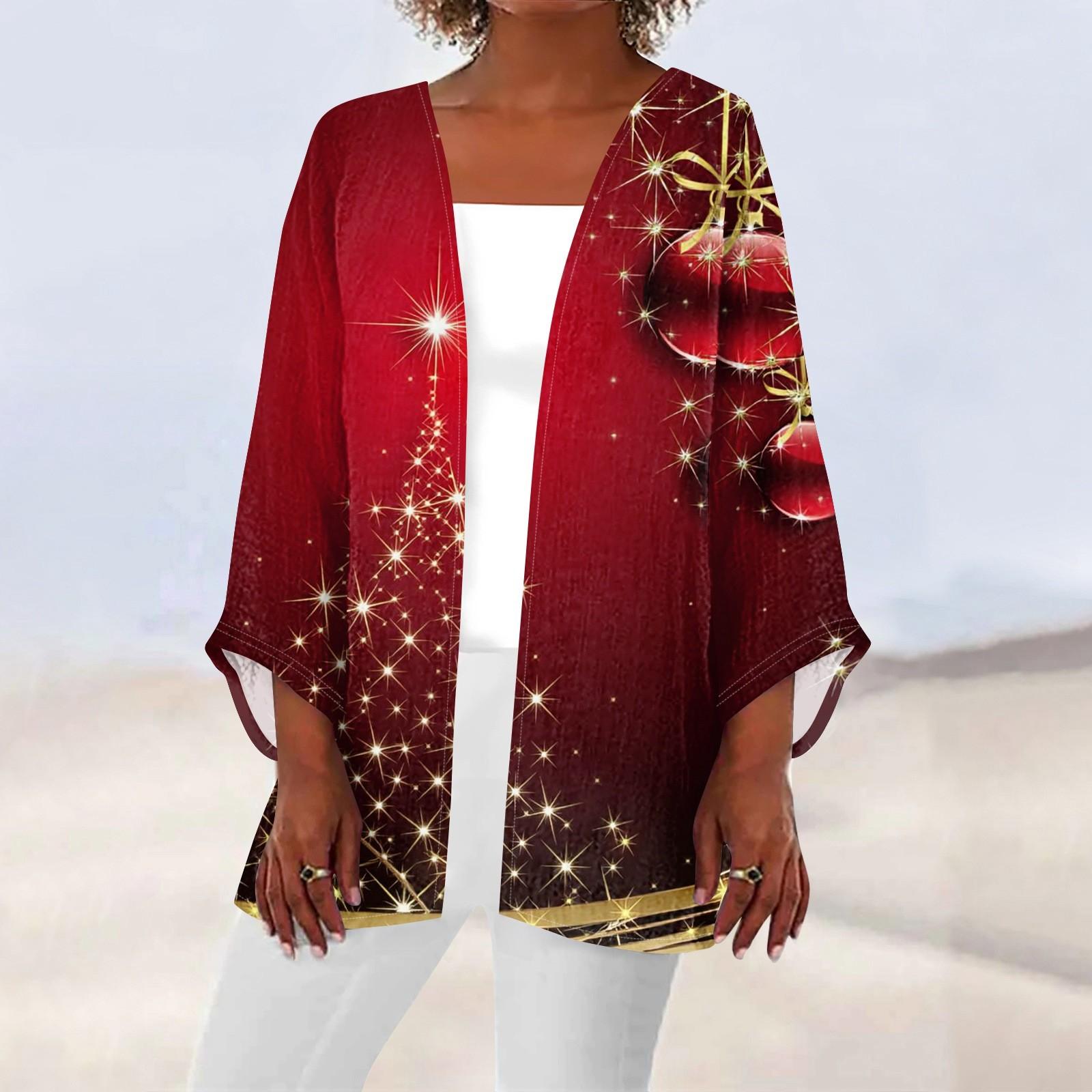 

Женская повседневная мода с рождественским принтом легкая куртка средней длины кардиган L винный