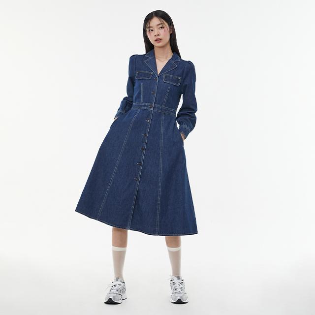 LAP Open Collar Pocket Line Long Denim Dress Aq1Do261