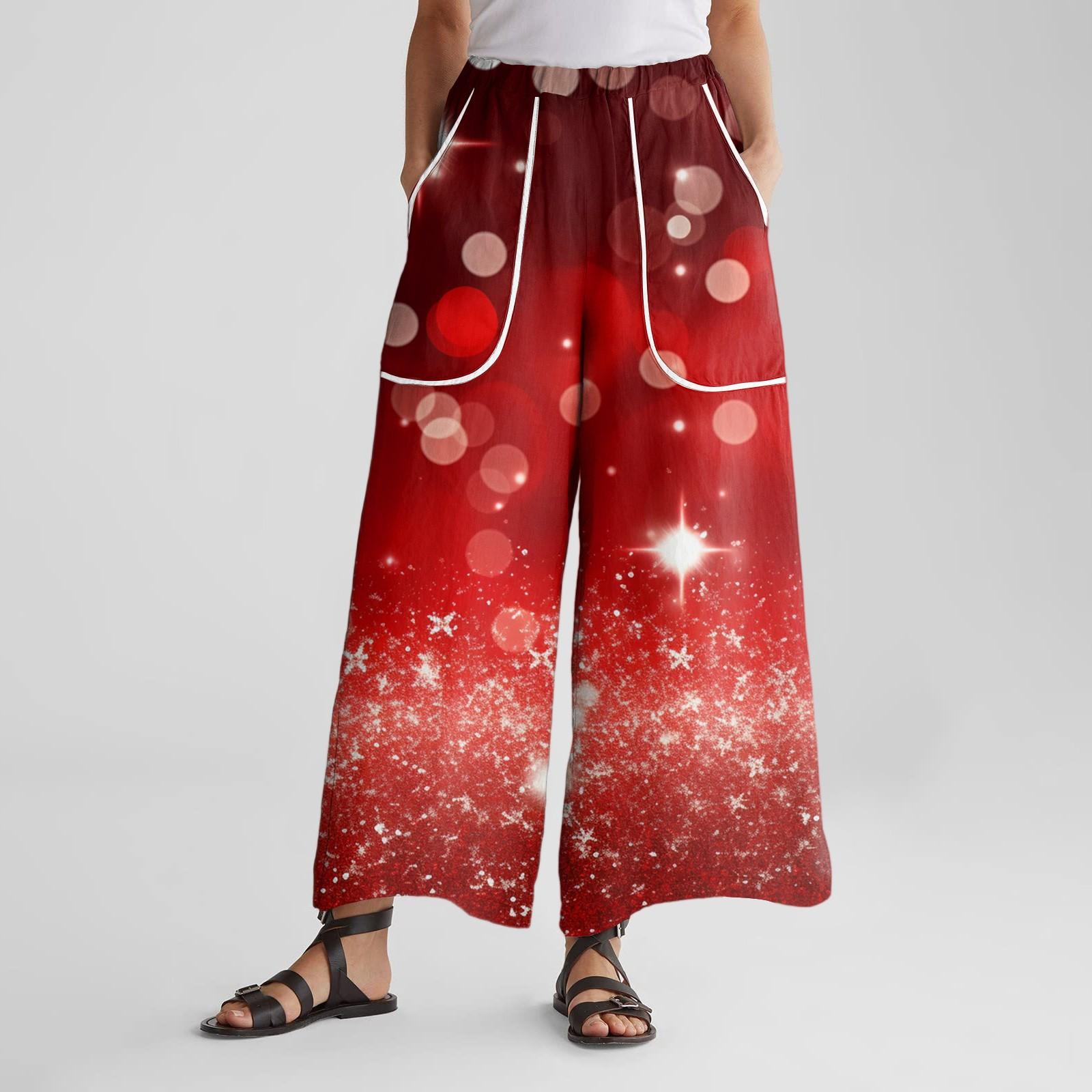 

Women s Wide Leg Pants With Elastic Waistband, Retro Printed Large Pockets, Patchwork Loose Pants XL винний