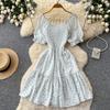 Red floral waist pleated dress women's summer bubble sleeves square neck high waist A-shaped dress romantic and fashionable