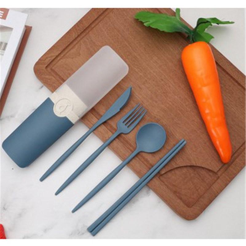 

Коробка для переноски палочки для еды простая ложка вилка многоразовая пшеничная соломенная посуда набор столовых приборов для пикника портативный дорожный 21*5.3cm синий