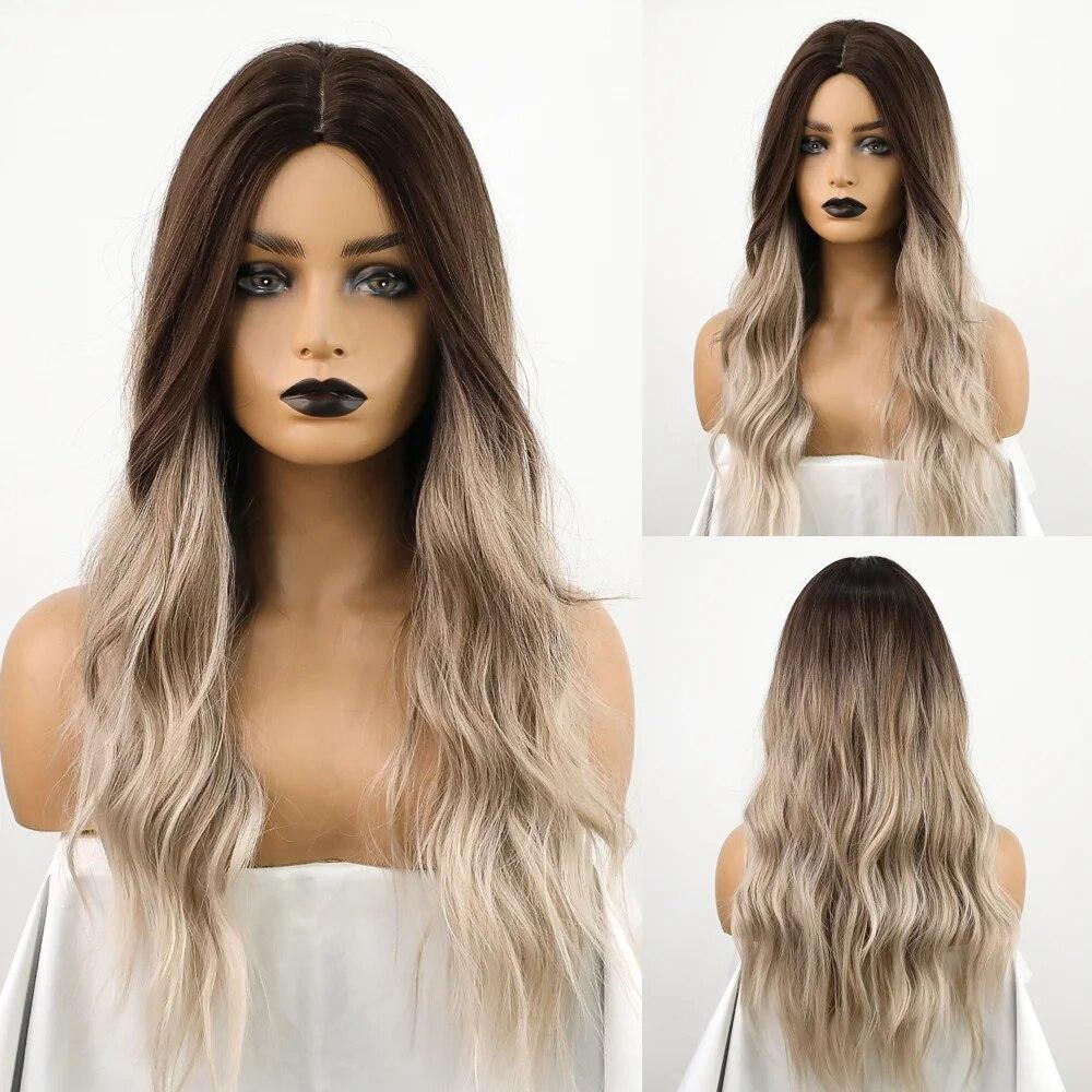 Long Wave Synthetic Wigs Ombre Black Blonde Wig with Side Bangs Heat Resistant Fiber Daily Party Hair Cosplay Wigs for Women