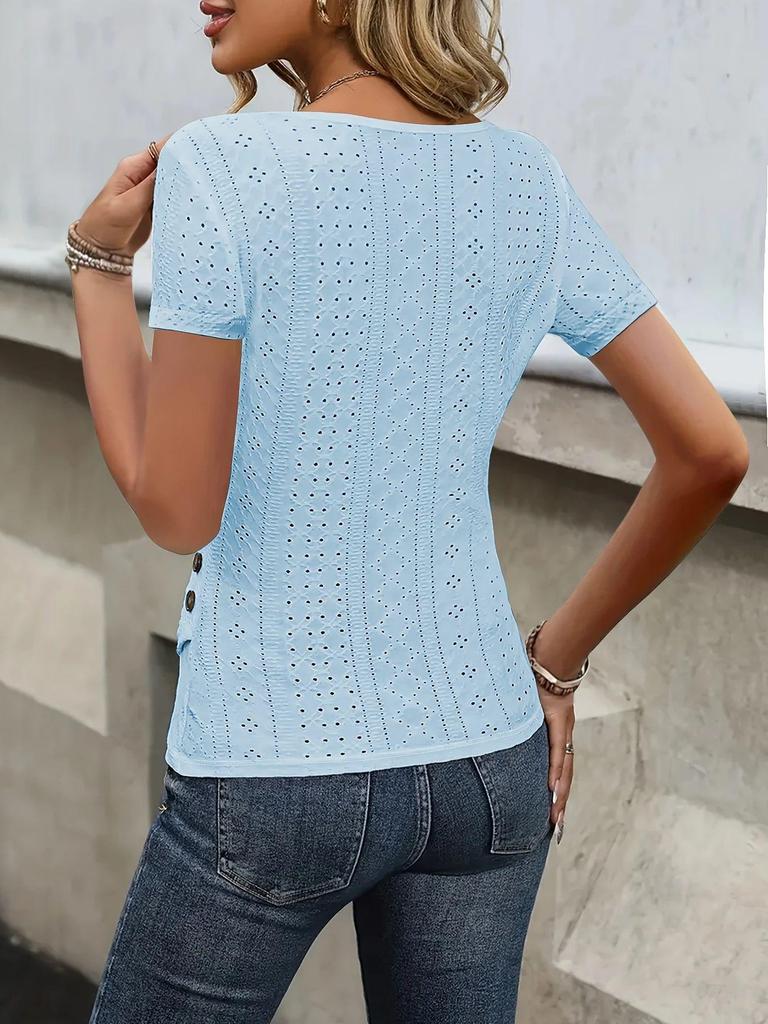 T-shirt uni ajusté à col en V et manches courtes pour femme - Printemps/Été 2026