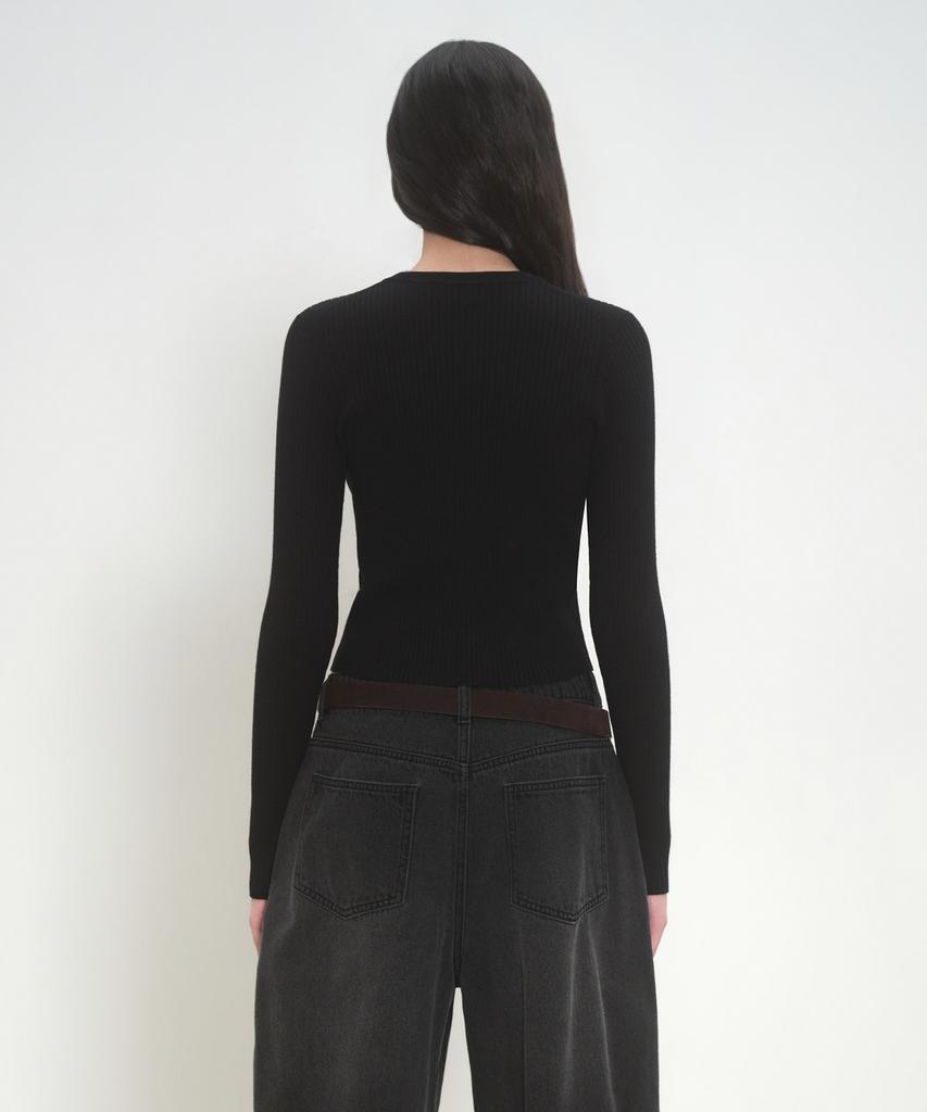 MUSINSA STANDARD WOMAN Women'S Ribbed Slim Round Neck Knit Zip-Up [Black]