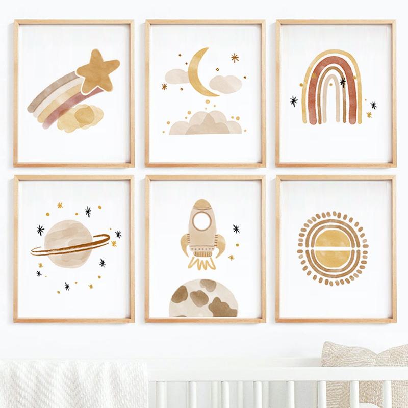 Wandkunst fürs Kinderzimmer, Sonne, Sterne, Mond, Erde, Poster und Drucke, Kinderzimmerdekoration, Cartoon-Universum, Bild für Kinderzimmer, Poster, kein Rahmen