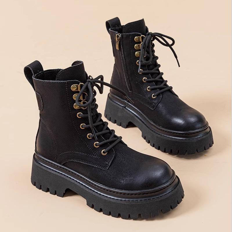 Comemore Ankle Boots for Women Leather Autumn Ladies Shoes Thick Heel Platform Motorcycle Boots British Work Short Botas